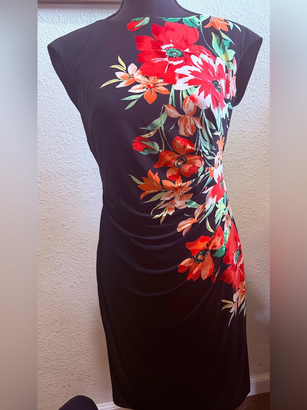 Anne Klein Black Midi Dress with Red & Orange Floral Print